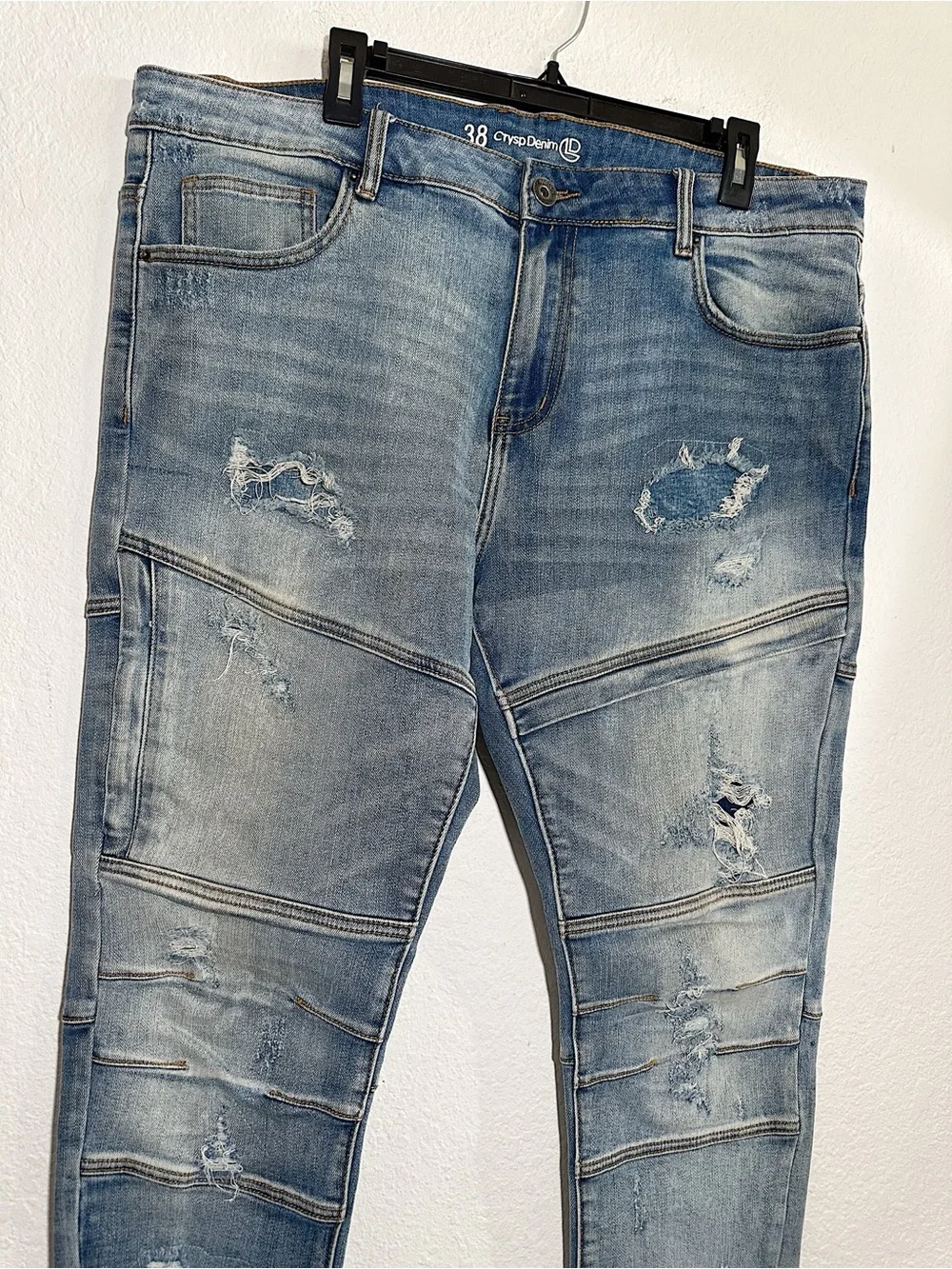 Crysp Denim Men's Distressed Moto Skinny Jeans Size 38 - 32